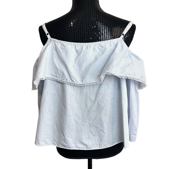 Jonathan Simkhai Top Sz XS Striped Ruffle Off The Shoulder 3/4 Sleeve Blue White - Picture 5 of 10